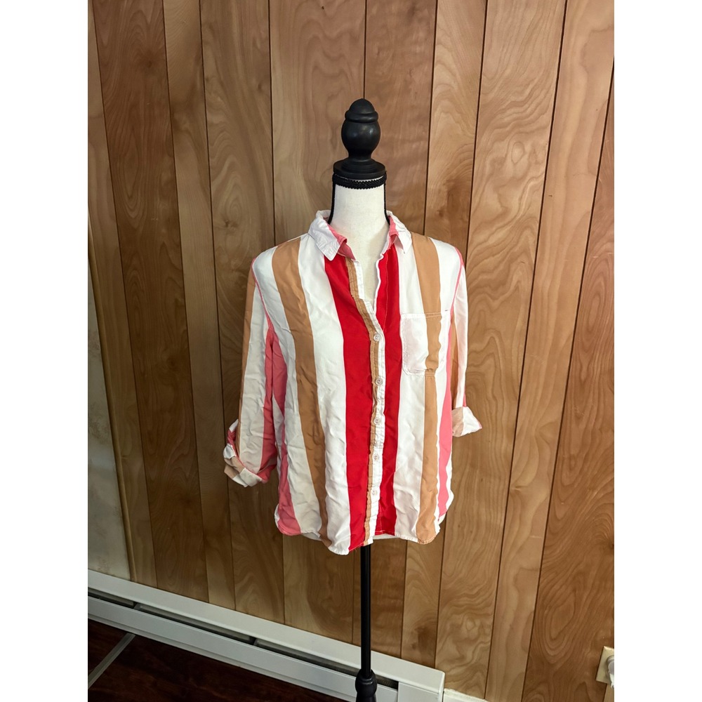 Velvet Heart Womens Striped Roll Tab Button Down Shirt Red Pink Tan White Medium